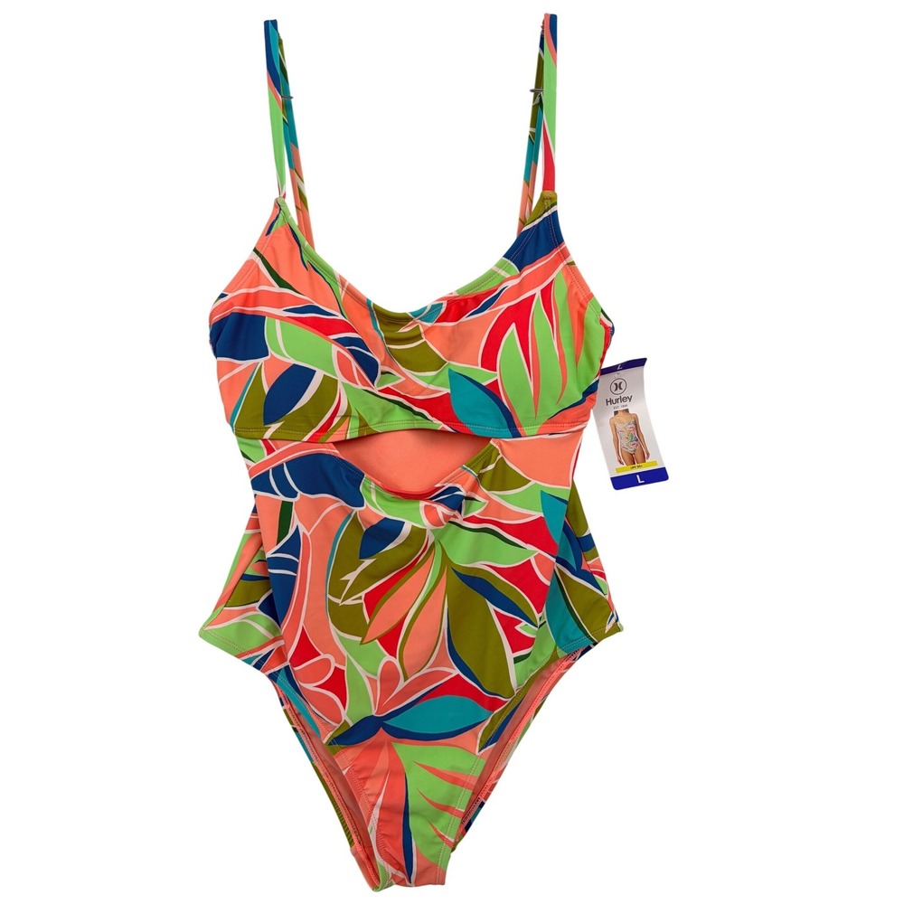 Hurley One Piece Swimsuit Size L‎ Graphic Leaf Citron NEW